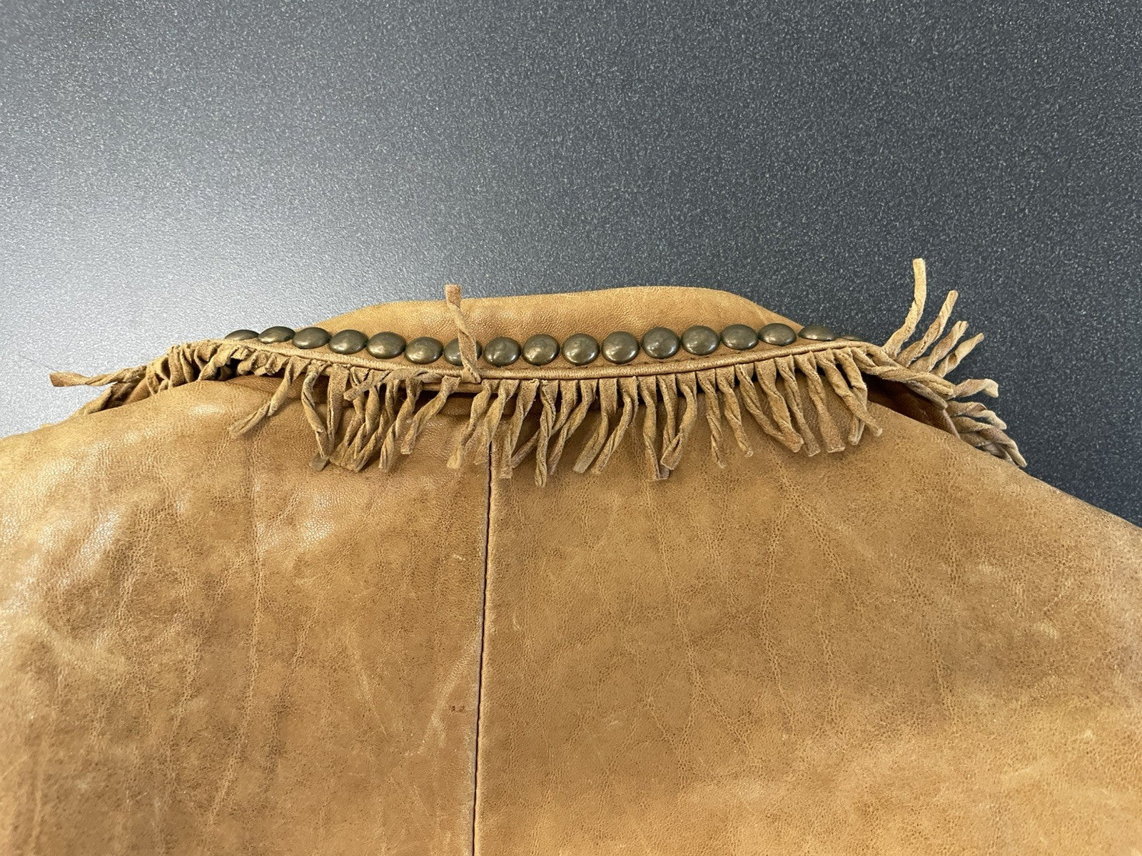 Double D Ranch Leather Jacket Brown Fringe Studded Western Medium