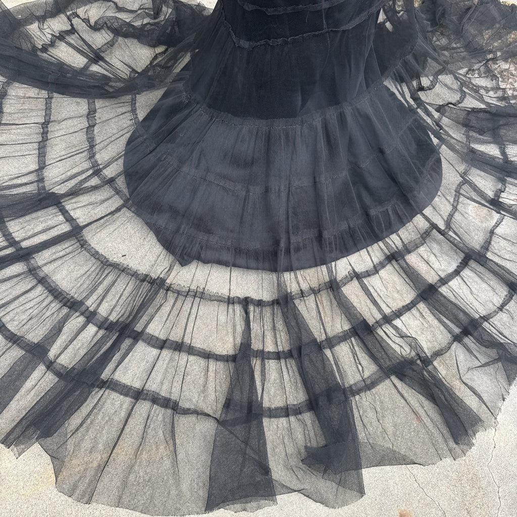 Vintage 1930s Black Mesh Net Gown Ruffles Low Back Bias Cut Art Deco Maxi Dress