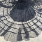 Vintage 1930s Black Mesh Net Gown Ruffles Low Back Bias Cut Art Deco Maxi Dress