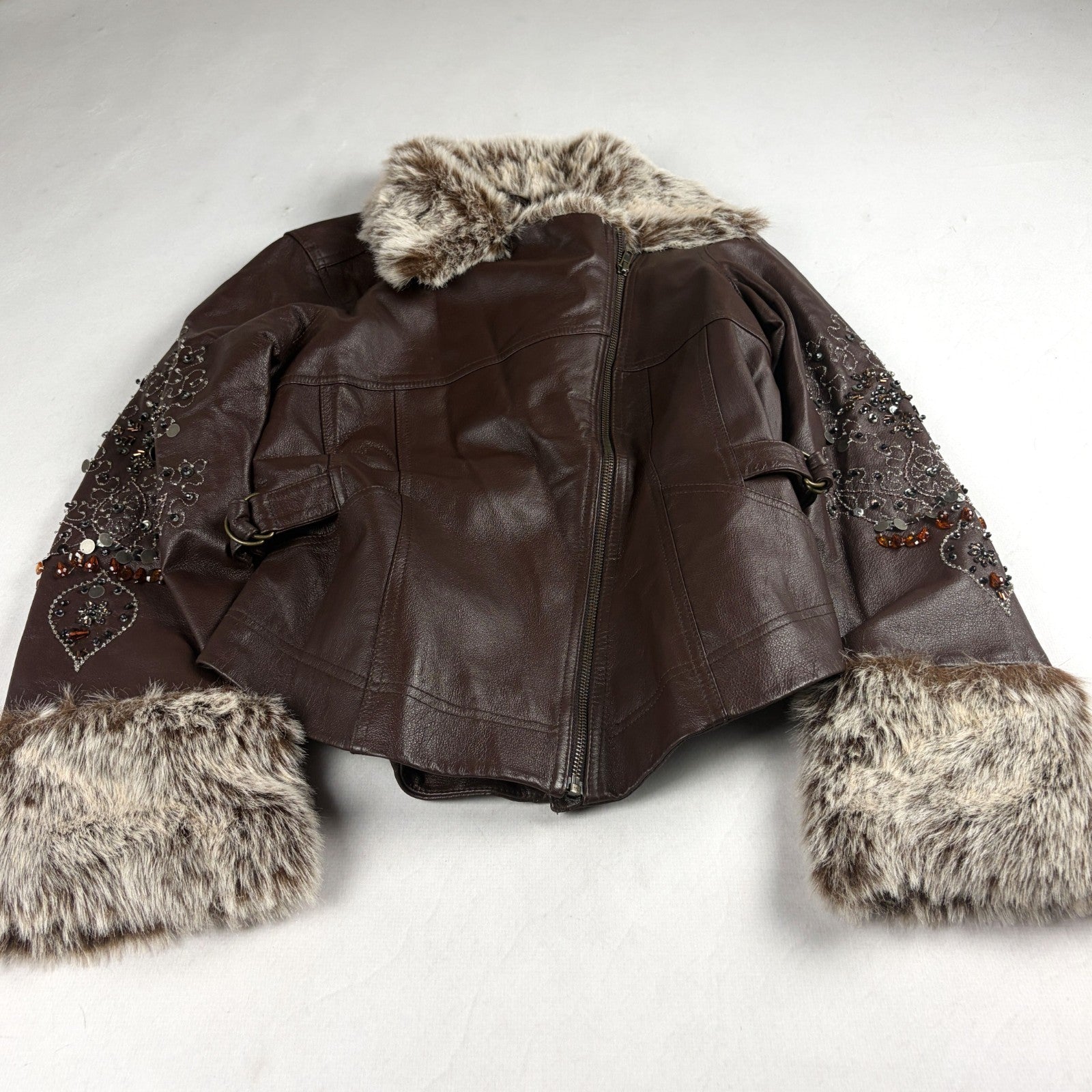 Together Vintage Leather Jacket Small Brown with Fur Trim