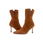 Manolo Blahnik Brown Suede Whipstitch Pointed Toe Mid Calf Heeled Boots 37.5