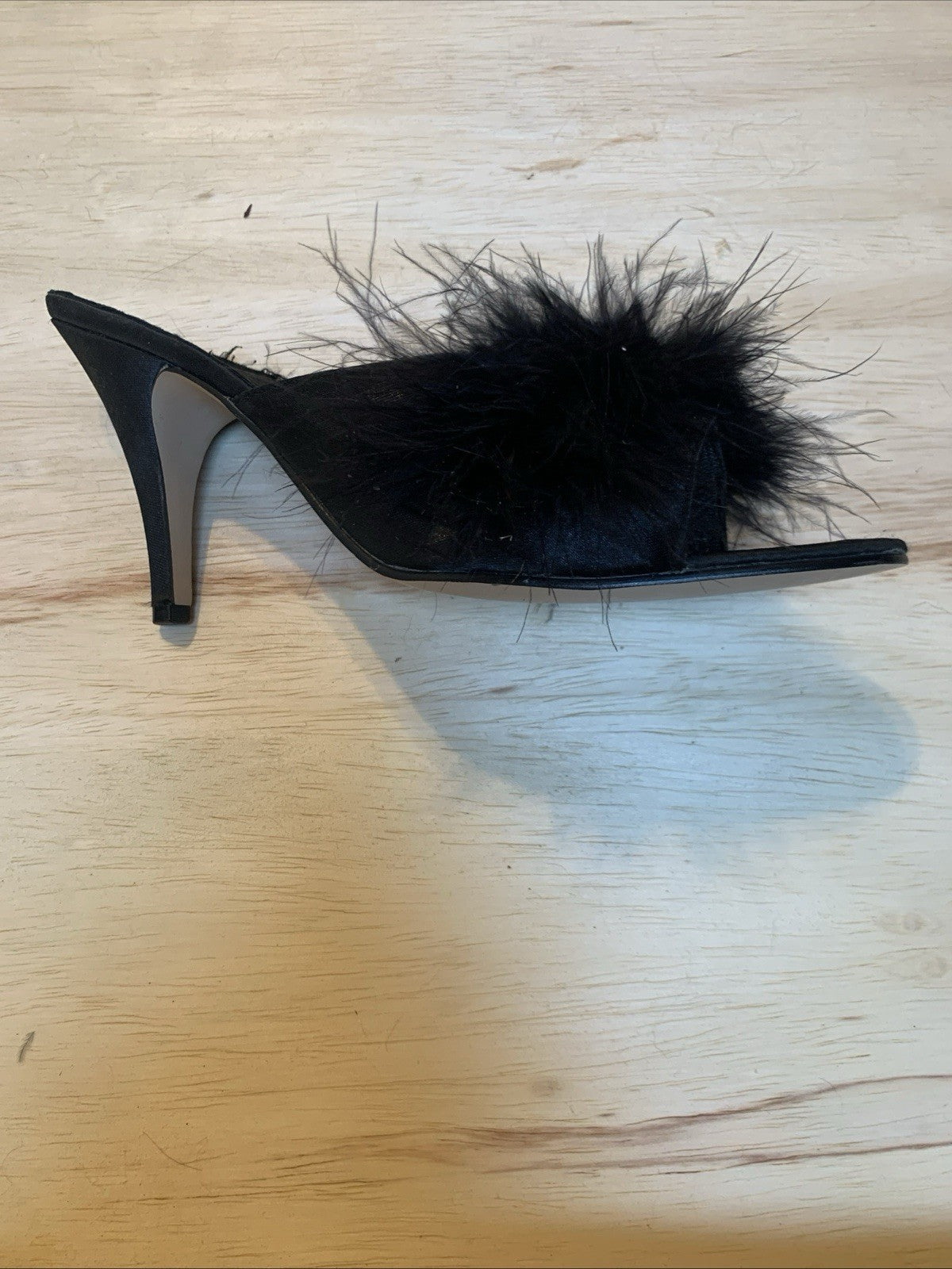 Vintage Frederick's of Hollywood Black Marabou Feather Satin Peep Toe Heel
