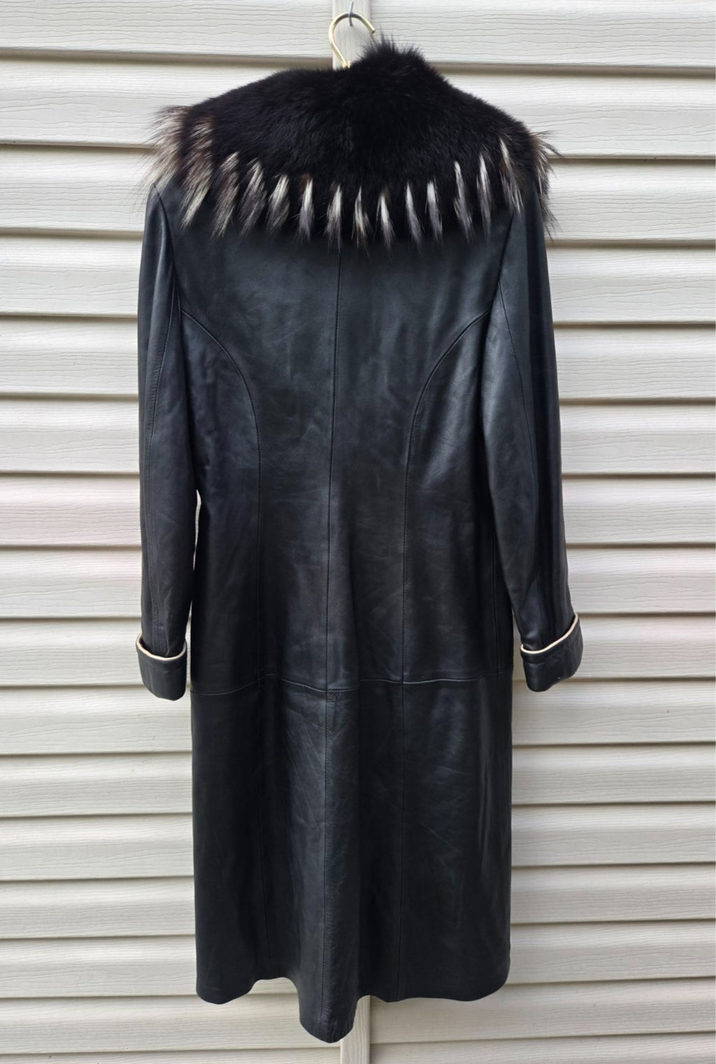 Vintage Y2K Black Leather Coat with Fox Fur Collar and Cuffs