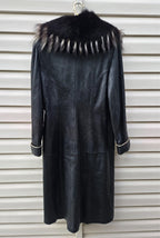 Vintage Y2K Black Leather Coat with Fox Fur Collar and Cuffs