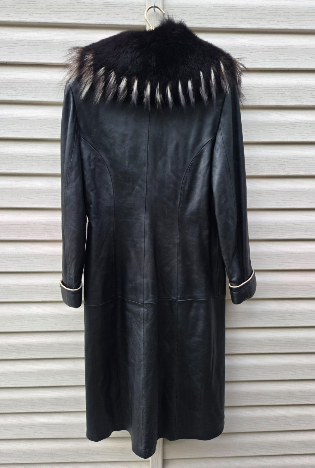 Vintage Y2K Black Leather Coat with Fox Fur Collar and Cuffs