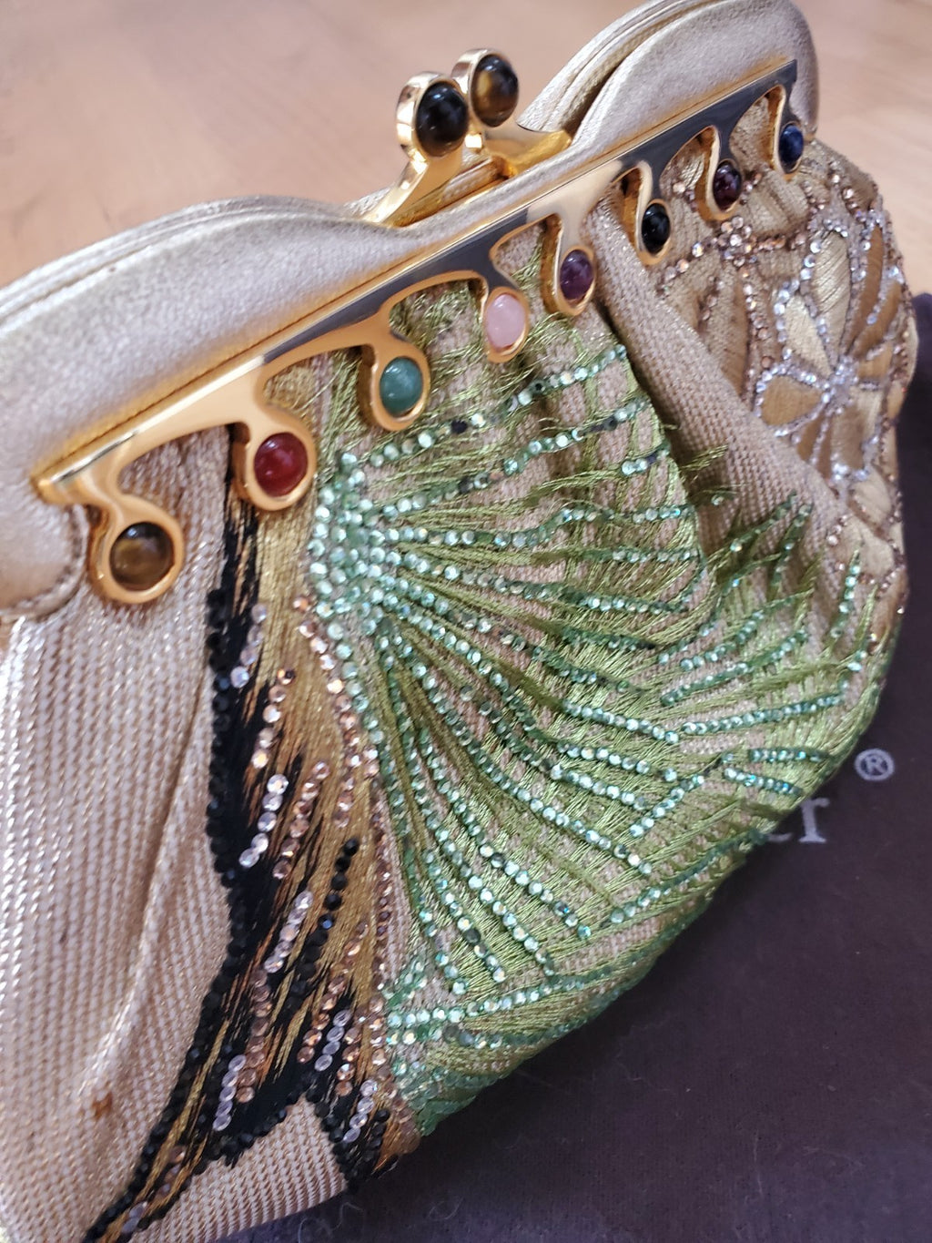 Judith Leiber Gold Floral Embroidered Crystal Beaded Clutch w/ Dust Bag & Comb
