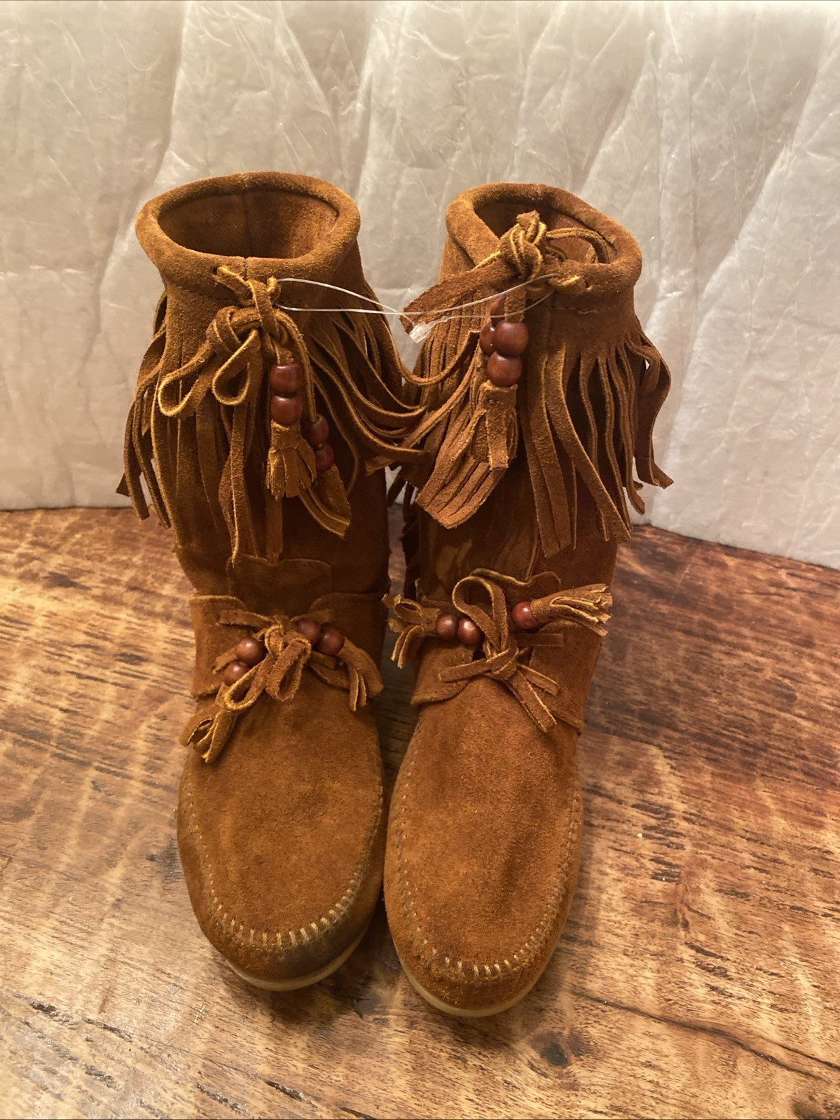 Minnetonka Mocassins Brown Suede Fringed Beaded Boots Sz 9 Woodstock Boho