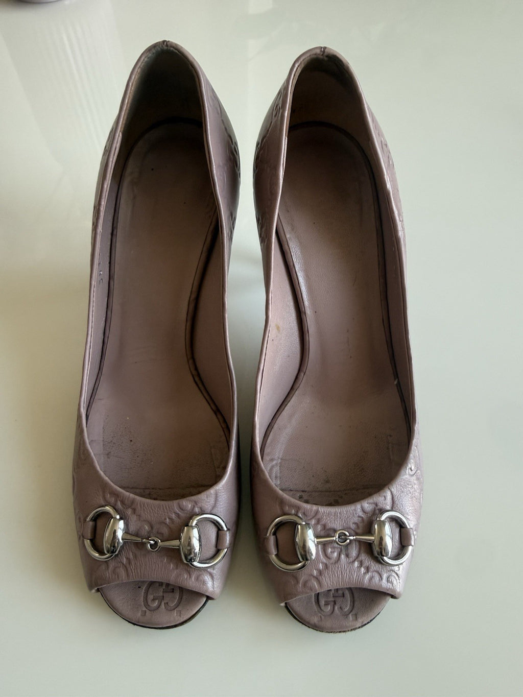 Gucci GG Monogram Leather Peep Toe Stiletto Heels EU 36