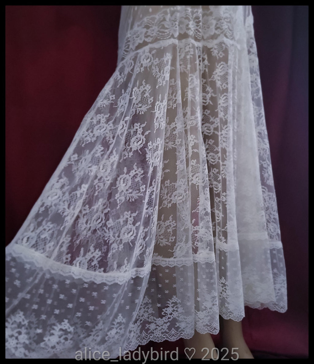 Vintage CHANTILLY Lace DRESS Drop Waist SHEER Lingerie Gown Victorian Bride ~L