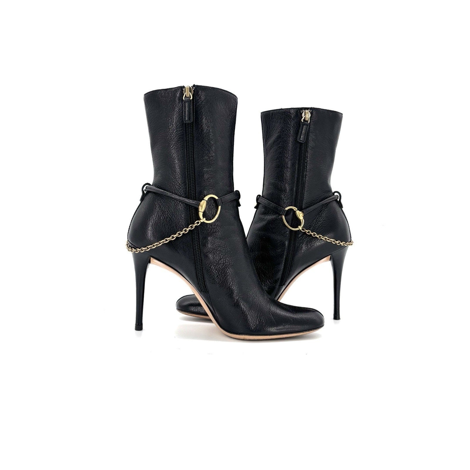 Vintage Gucci Horsebit Chain Harness Black Leather Ankle High Heeled Boots 39.5