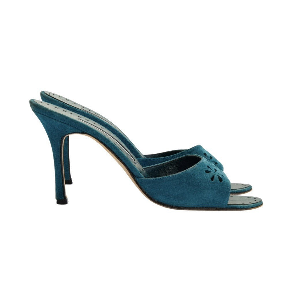 Manolo Blahnik Blue Floral Eyelet Laser Cut Suede Heels