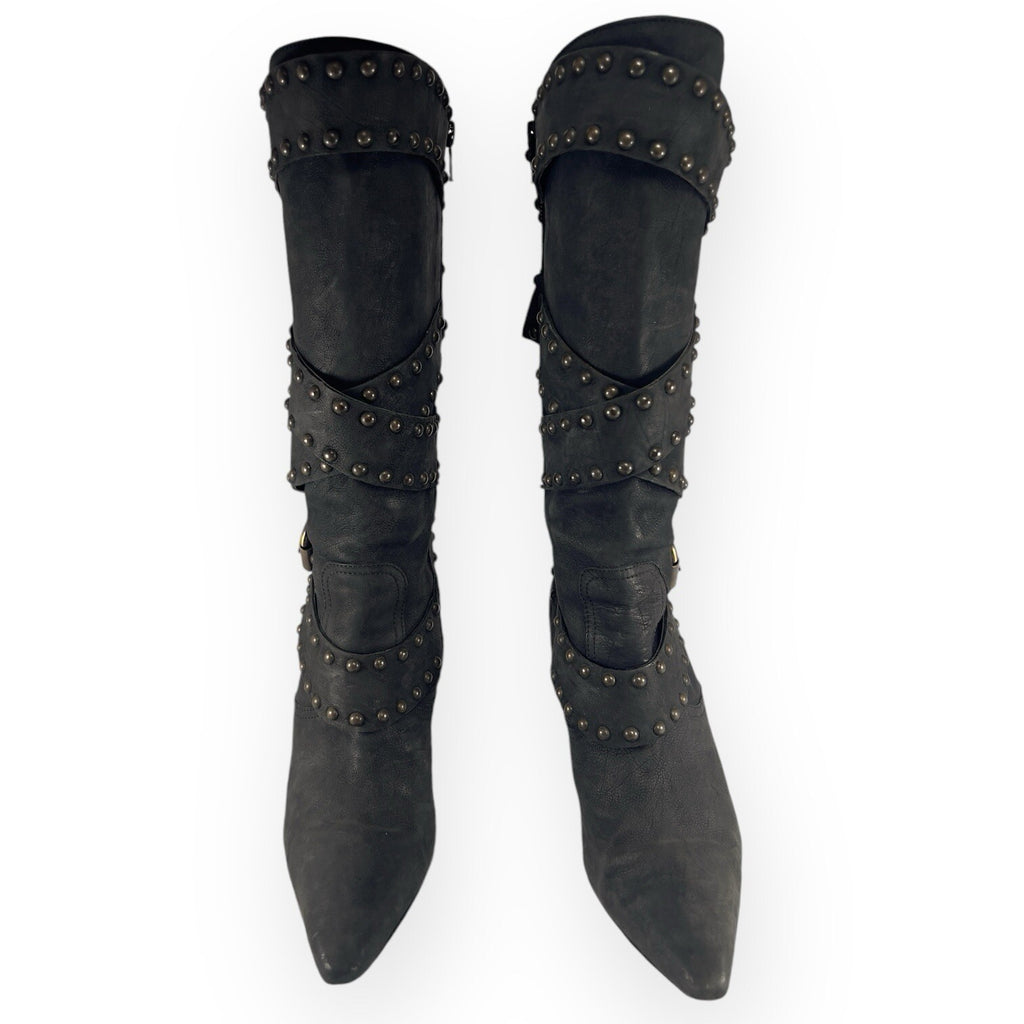 Manolo Blahnik YKK Mid Calf Strap Studded Leather Black Boots Stilettos -  38