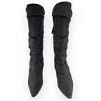 Manolo Blahnik YKK Mid Calf Strap Studded Leather Black Boots Stilettos -  38