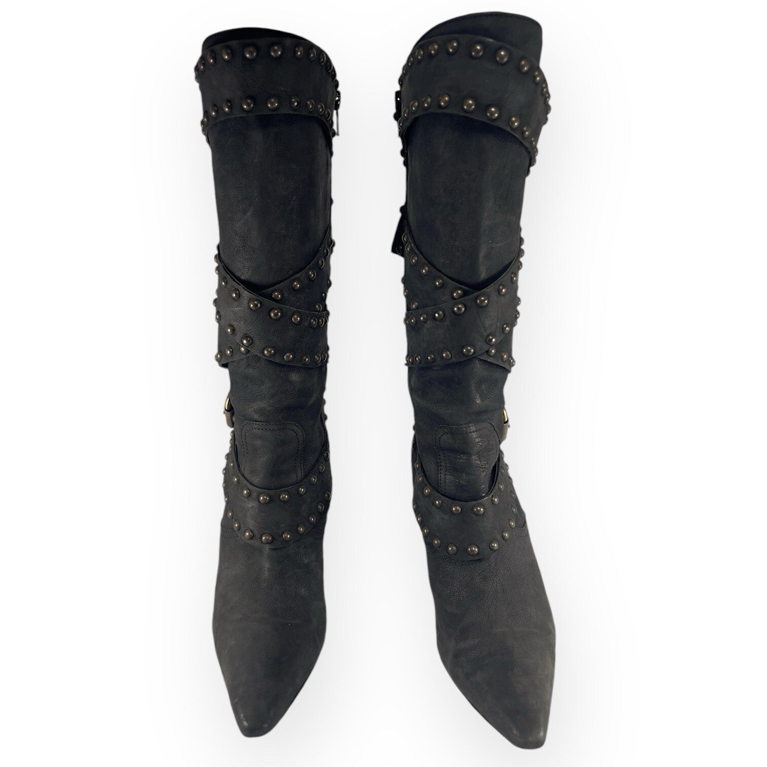 Manolo Blahnik YKK Mid Calf Strap Studded Leather Black Boots Stilettos -  38