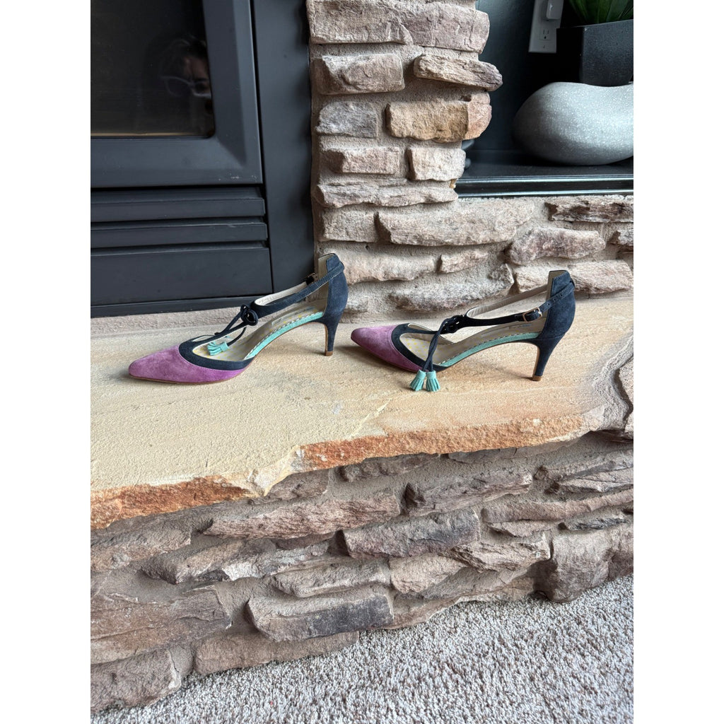 Boden Alice Suede T-Strap Tassel Pointed Toe Pumps Purple Navy Teal EU 37