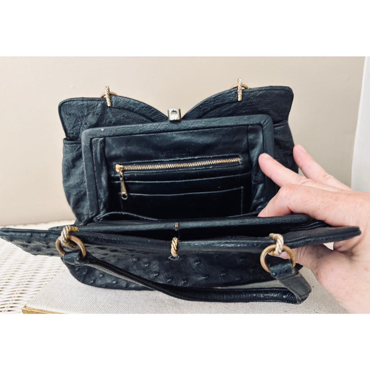 I. Magnin 1950s Genuine Ostrich Skin Handbag Black
