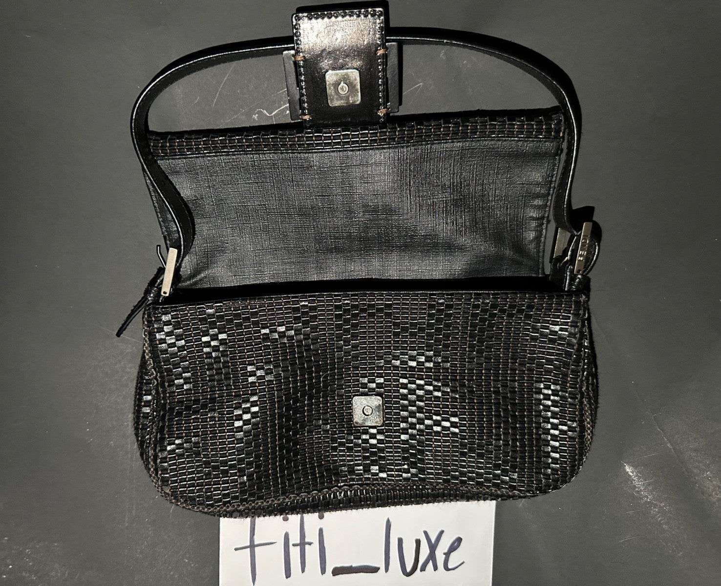 FENDI Baguette Black Woven Zucca Monogram Shoulder Bag