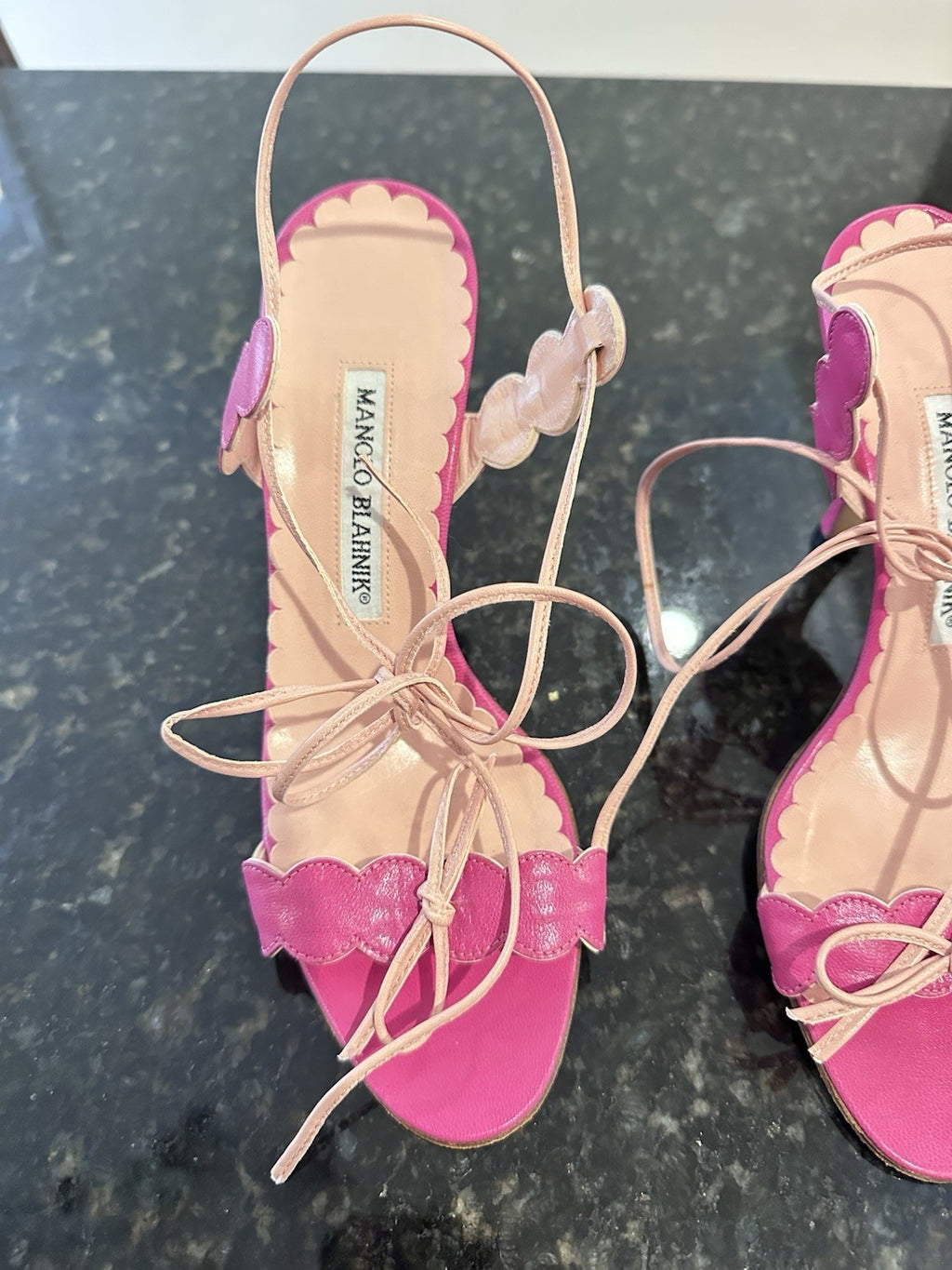 MANOLO BLAHNIK Barbie Pink Leather Scalloped Wrap Ankle Strap Heels
