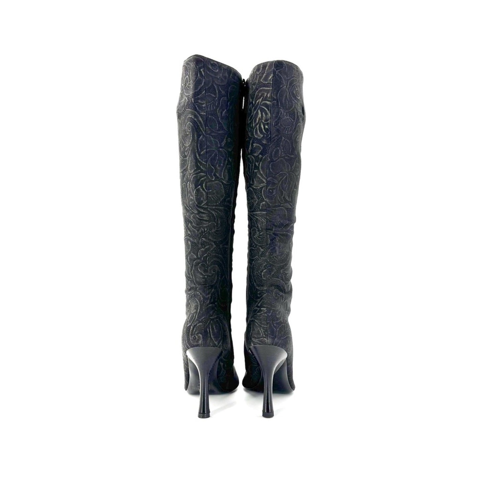 Vintage Roberto Cavalli Denim Floral Print Knee High Pointed Toe Boots 37.5