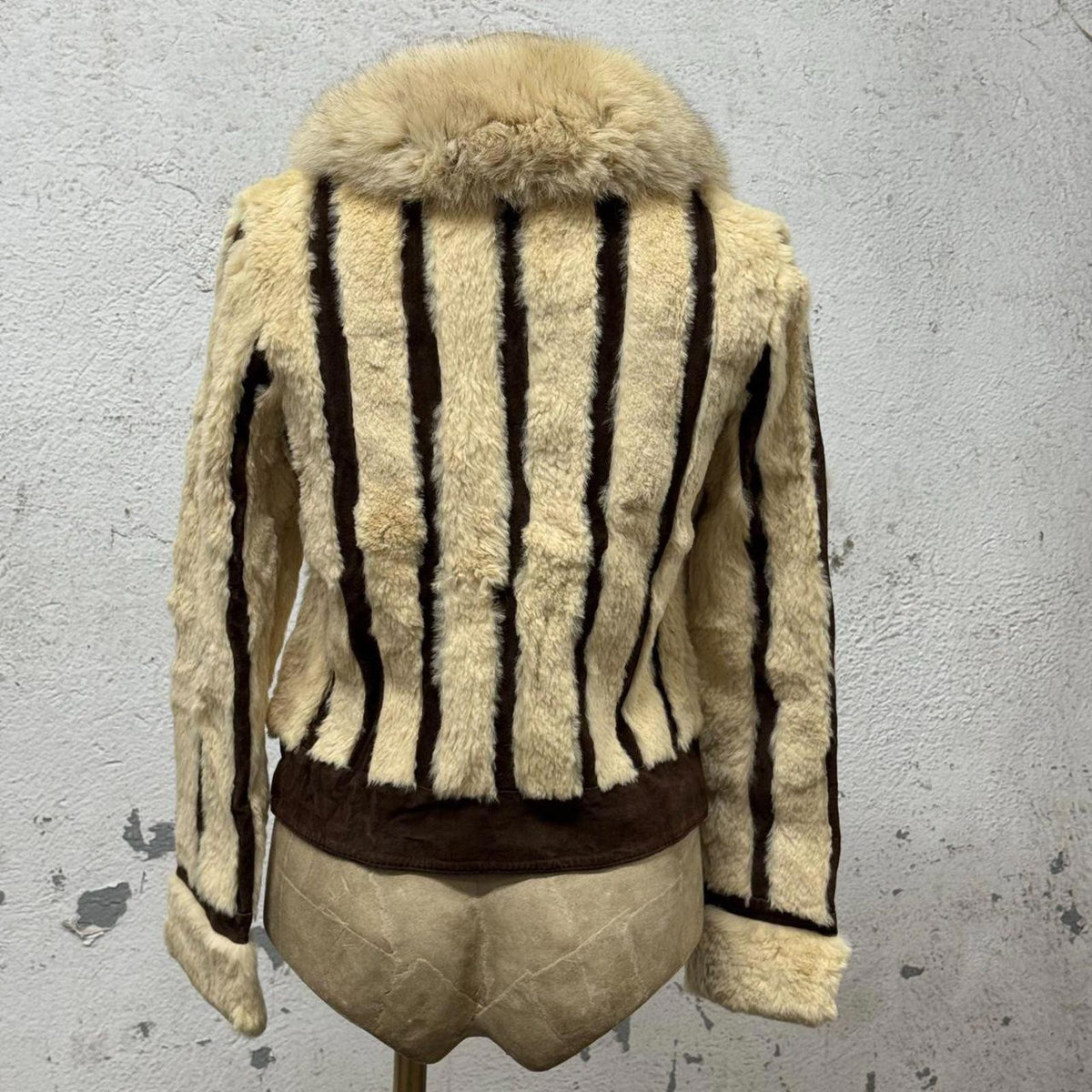 Vintage Y2K Striped Rabbit Fur and Suede Jacket with Fox Collar