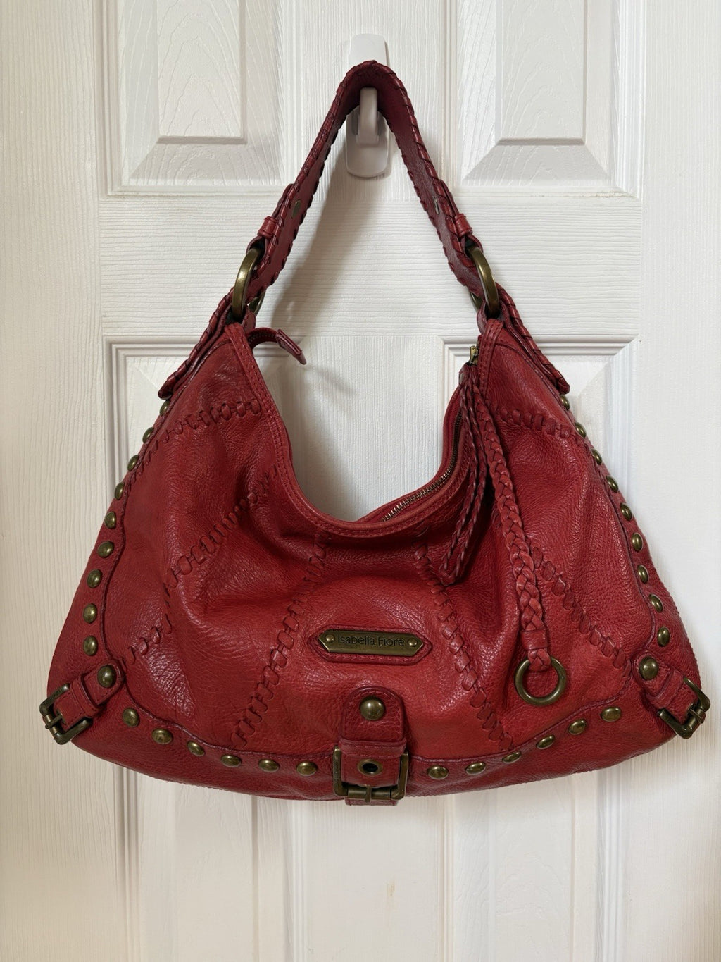 Isabella Fiore Audra Studded Leather Hobo Bag Red