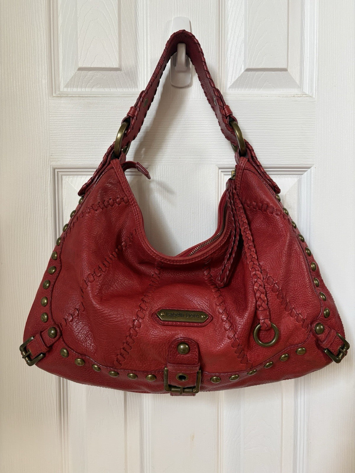 Isabella Fiore Audra Studded Leather Hobo Bag Red