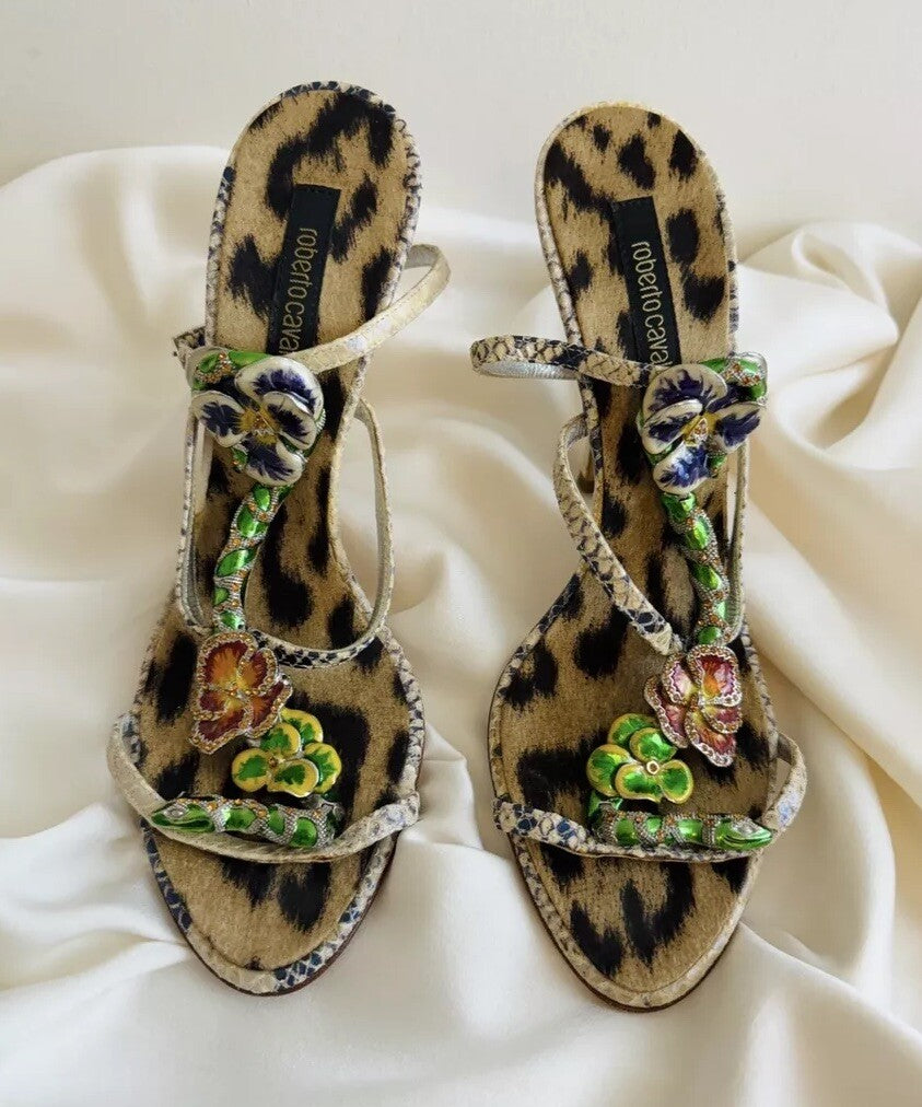 Roberto Cavalli 2000s Snake and Flower Enamel Rhinestone Heels