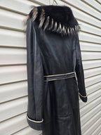 Vintage Y2K Black Leather Coat with Fox Fur Collar and Cuffs