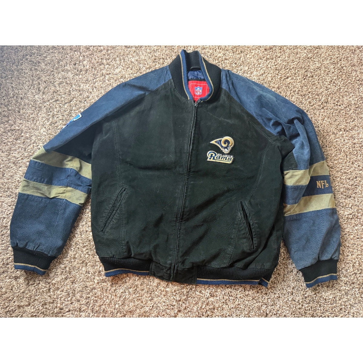 Vintage NFL St Louis Rams Leather Bomber Jacket Large Blue Black