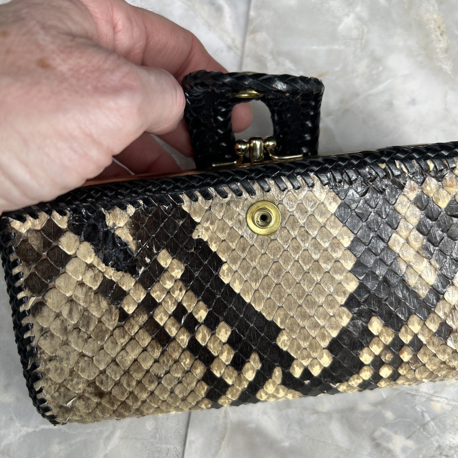 Vintage Handmade Python Skin Clutch Check Wallet With Pen Holder