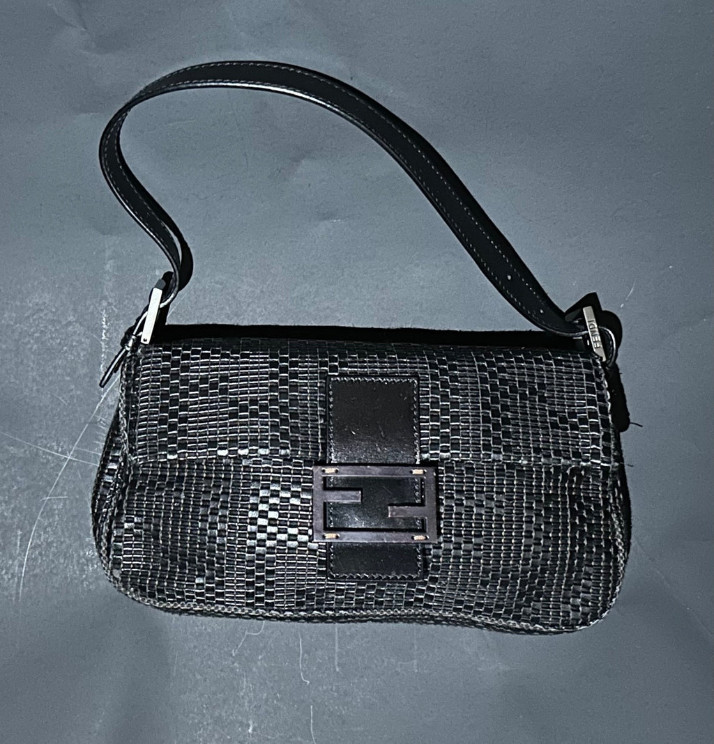 FENDI Baguette Black Woven Zucca Monogram Shoulder Bag