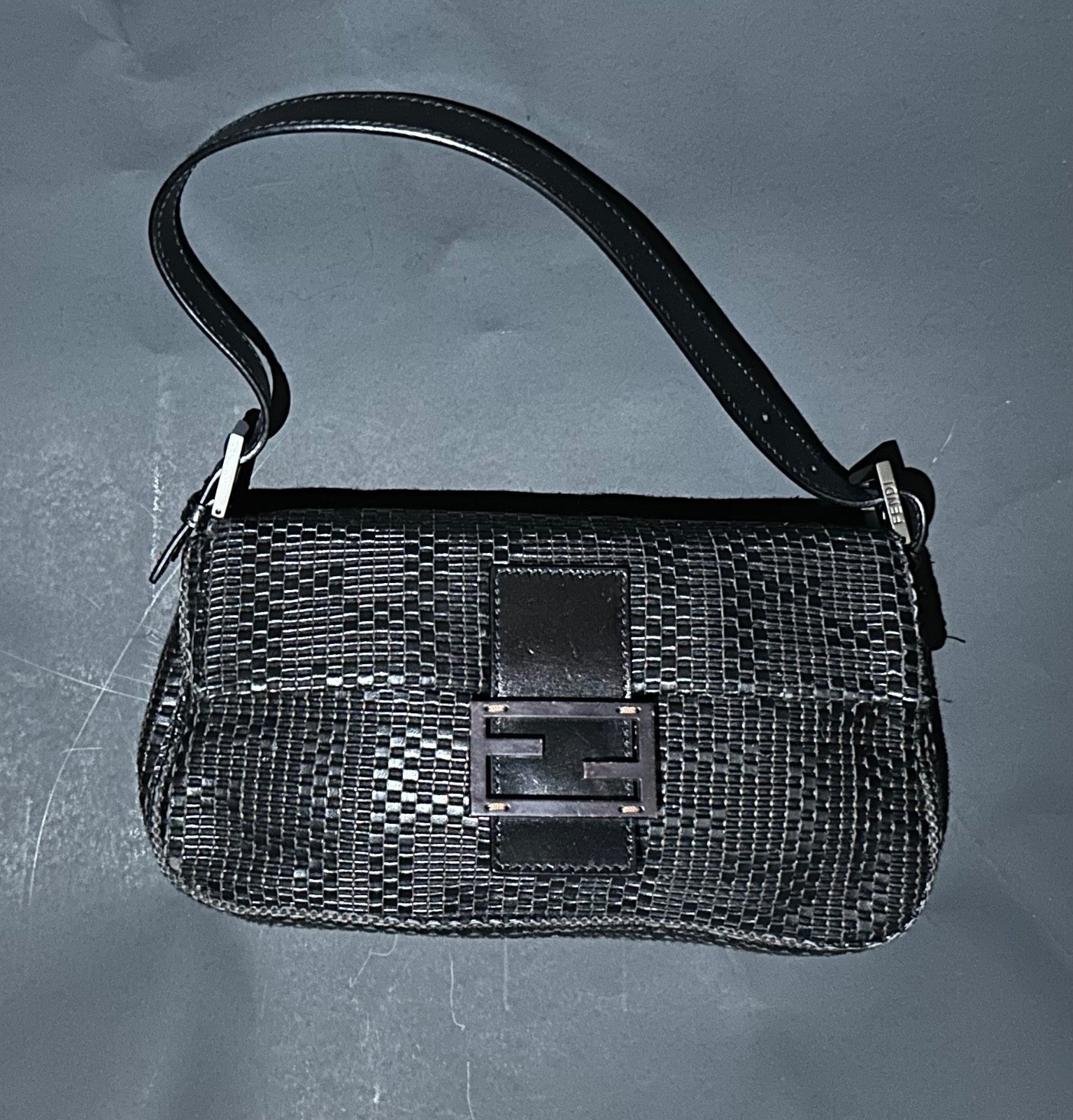 FENDI Baguette Black Woven Zucca Monogram Shoulder Bag