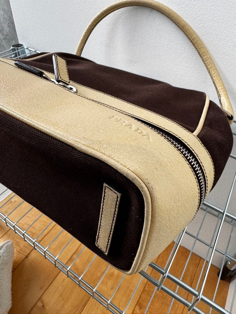 Prada Archive Vintage Y2K Bag 2000s Leather Shoulder Pu Brown Beige Silver Used