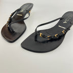Prada | Auth Vintage Black Leather Gold Buckle Thong Kitten Heels (34.5)