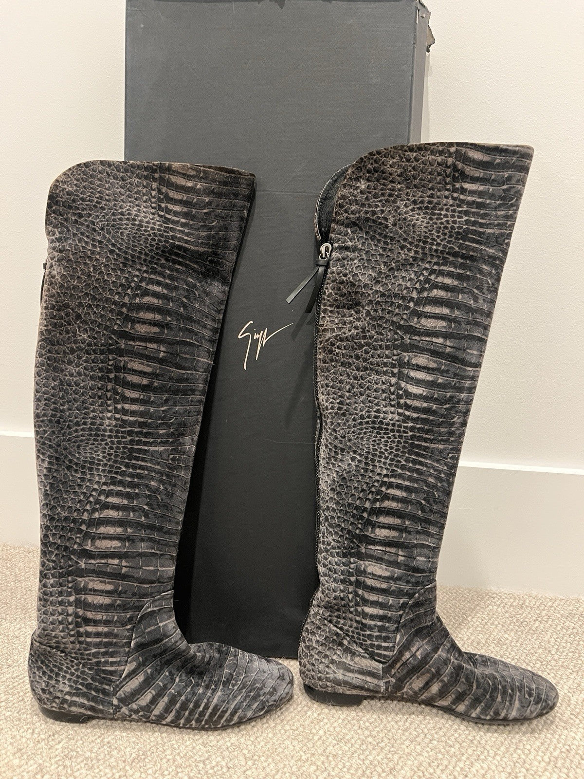 GIUSEPPE ZANOTTI Suede Croc Print Ballet Flat Pull On Boot Boots 38.5 / 8.5 Zip