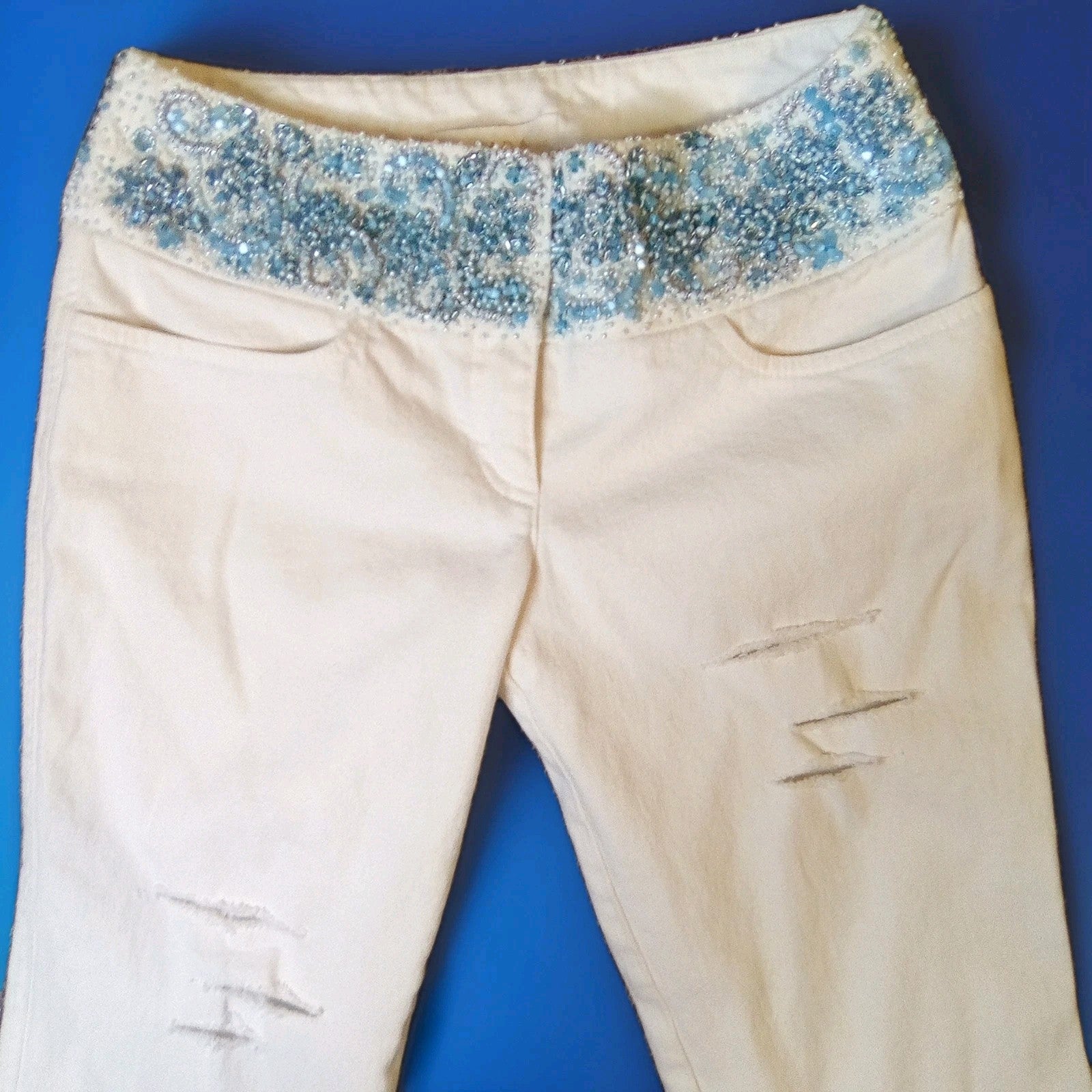 Escada White Jeans with Hand-Beaded Waistband