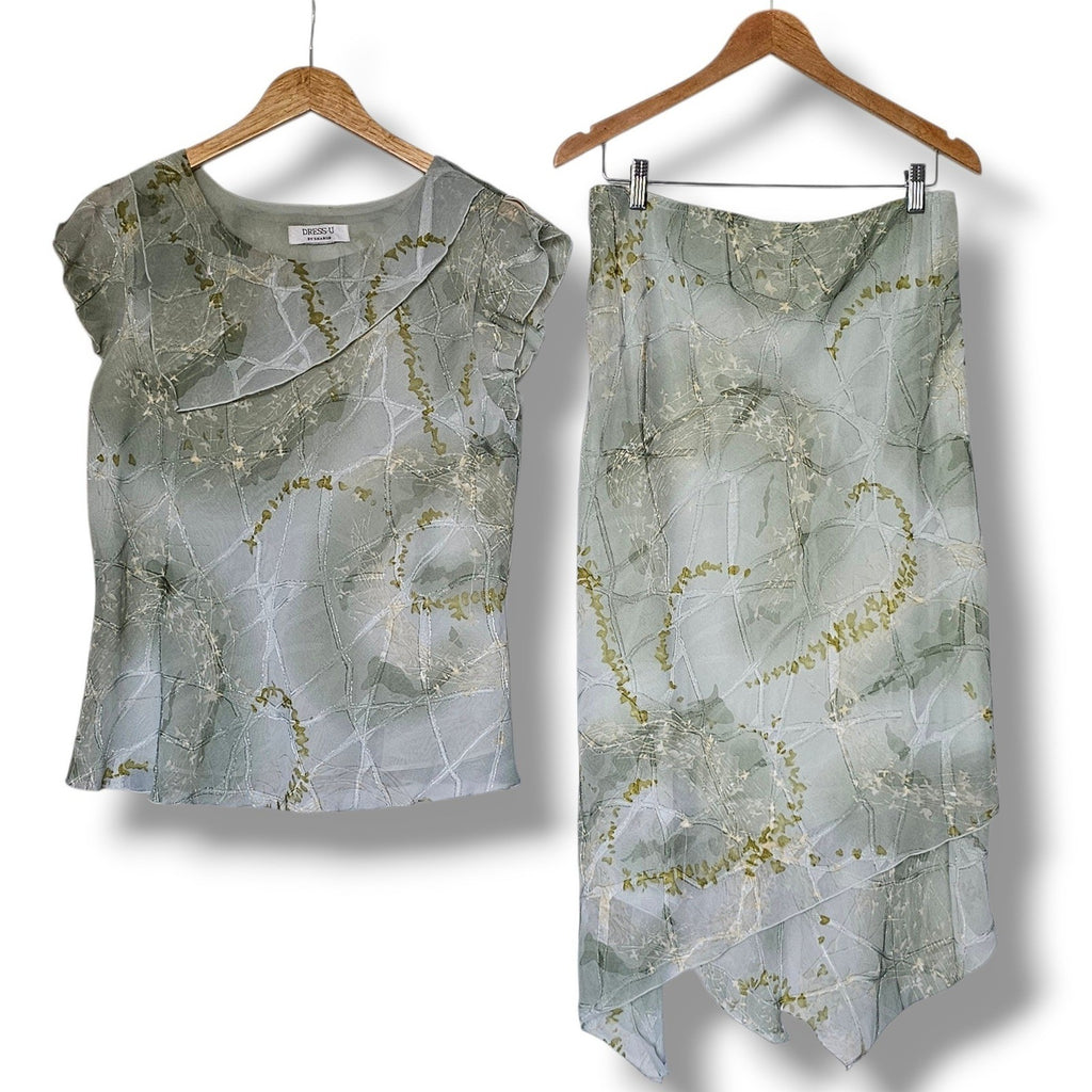 Vintage Y2K Sage Green Tiered Two Piece Skirt Set Size 14