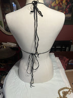 Vtg. 2/ Leather Fringe Halter Tops Black Biker Festival Cowgirl custom-made!!Sm.