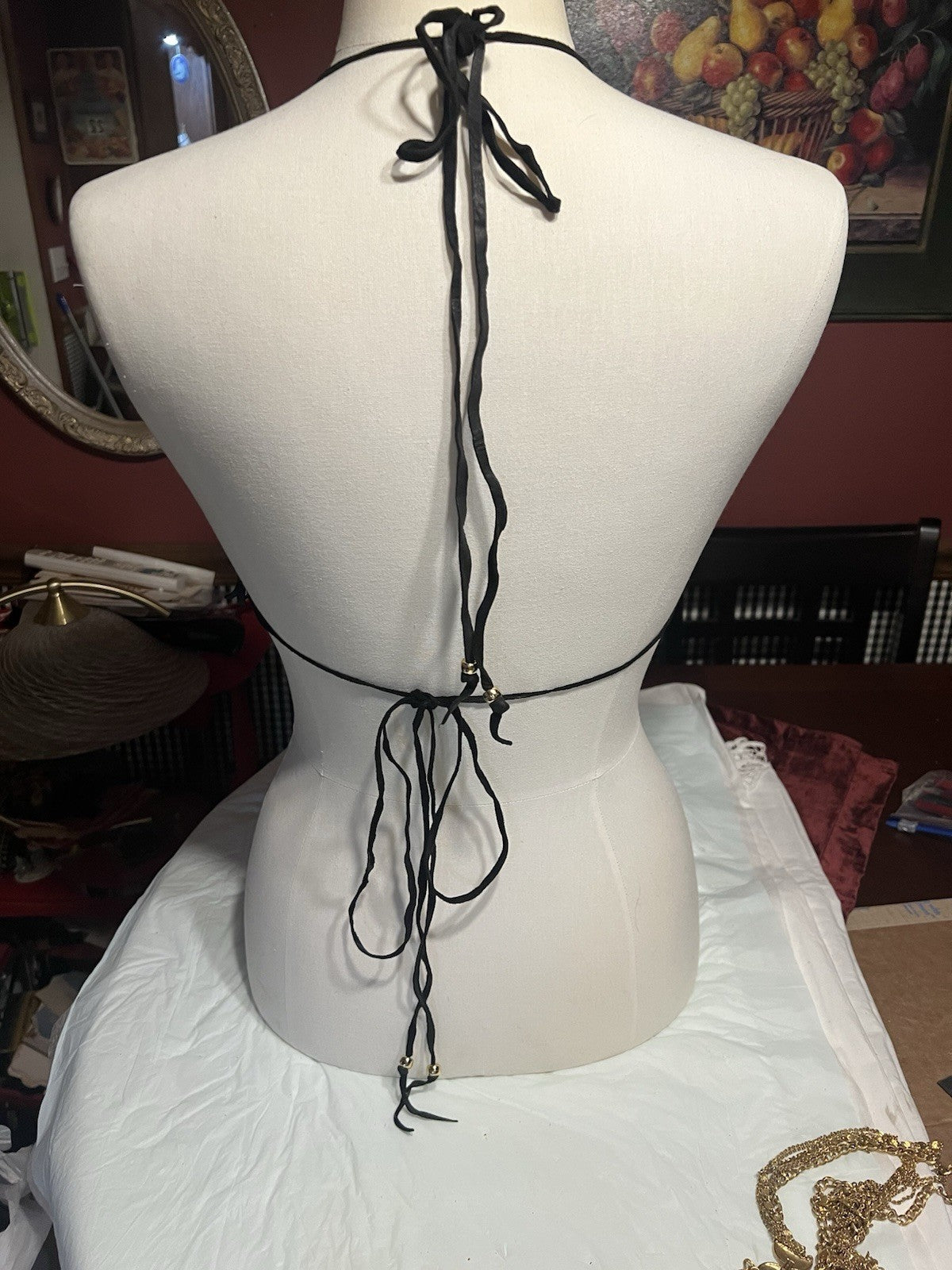 Vtg. 2/ Leather Fringe Halter Tops Black Biker Festival Cowgirl custom-made!!Sm.