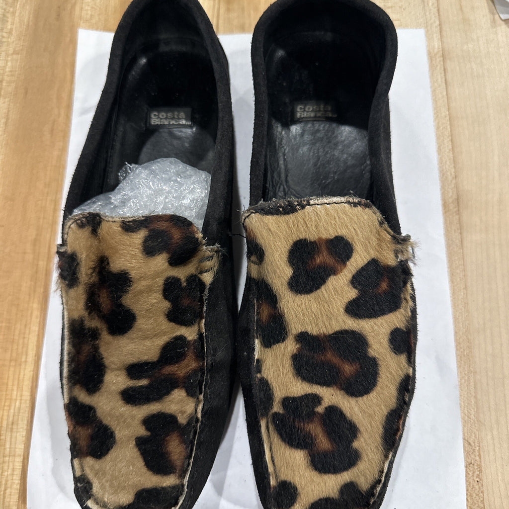 Costa Blanca Black Suede Driving Shoes with Leopard Print Calf Hair Size 8