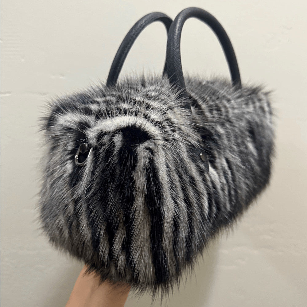 Genuine Mink Fur Pillow Bag with Top Handles and Crossbody Strap