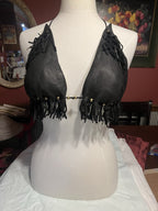 Vtg. 2/ Leather Fringe Halter Tops Black Biker Festival Cowgirl custom-made!!Sm.