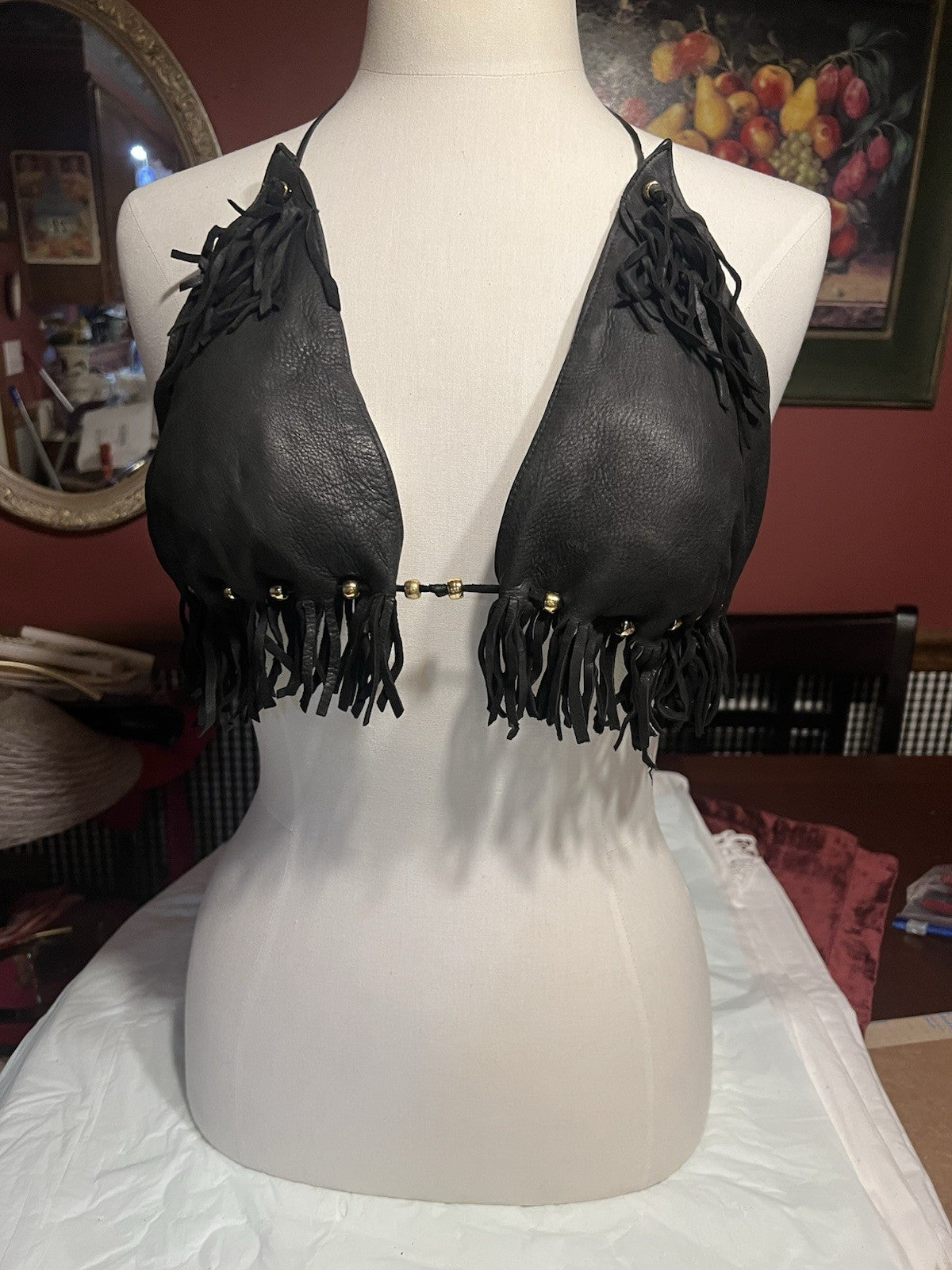 Vtg. 2/ Leather Fringe Halter Tops Black Biker Festival Cowgirl custom-made!!Sm.