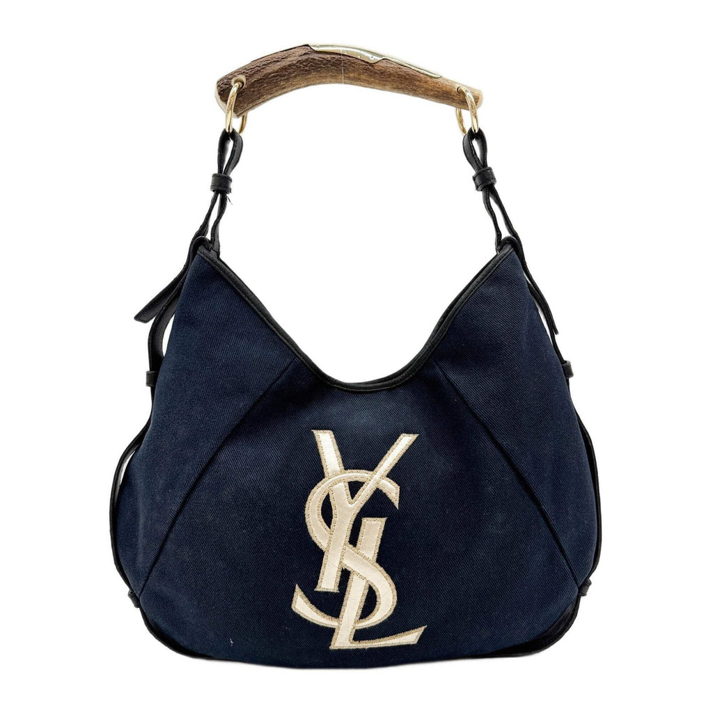 SAINT LAURENT Mombasa YSL Logo Navy Blue Canvas Shoulder Bag
