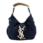 SAINT LAURENT Mombasa YSL Logo Navy Blue Canvas Shoulder Bag