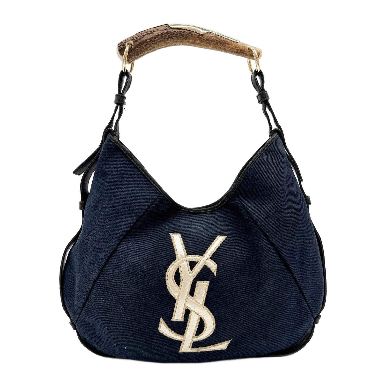 SAINT LAURENT Mombasa YSL Logo Navy Blue Canvas Shoulder Bag