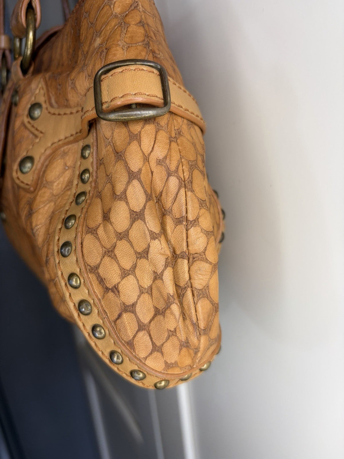 Babeed Brown Leather Snake Print Shoulder Bag