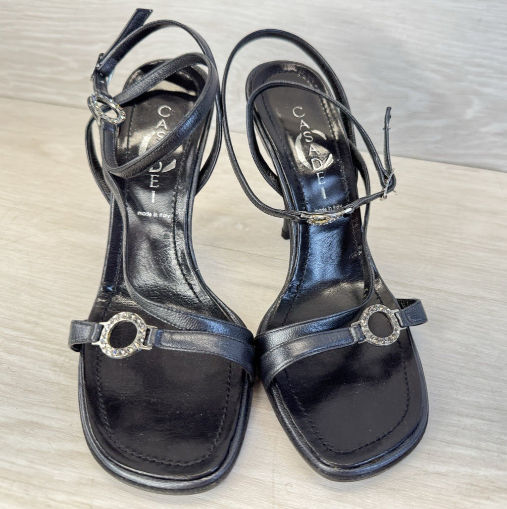 Vintage Casadei Black Leather Strappy Rhinestone Heel - Women's Size 6.5