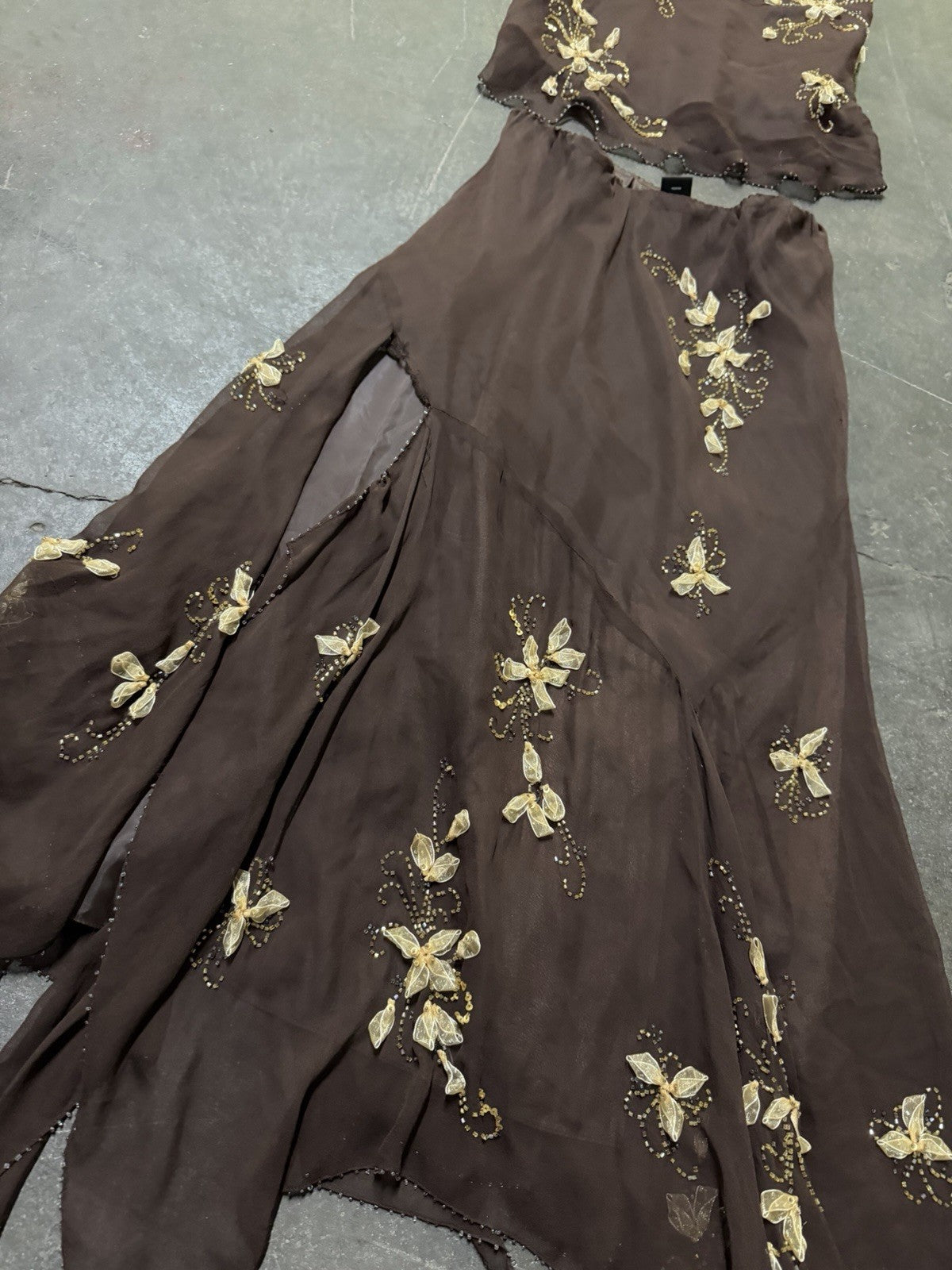 Vintage Y2K Woodland Fairy Brown Floral Silk Beaded Two Piece Skirt Set Asymmetric