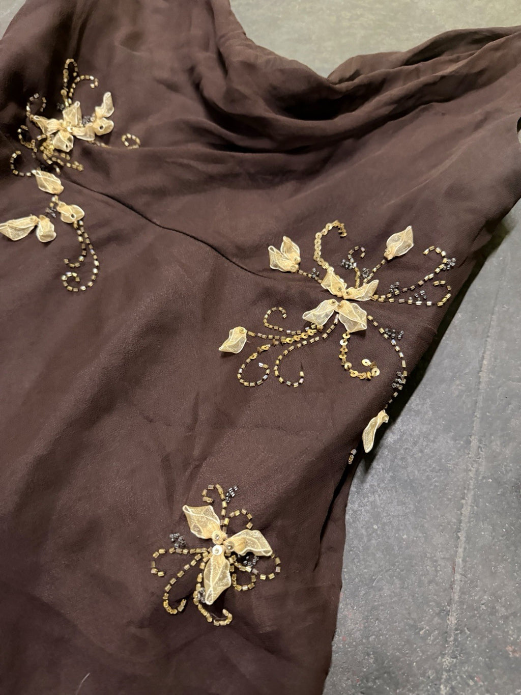 Vintage Y2K Woodland Fairy Brown Floral Silk Beaded Two Piece Skirt Set Asymmetric